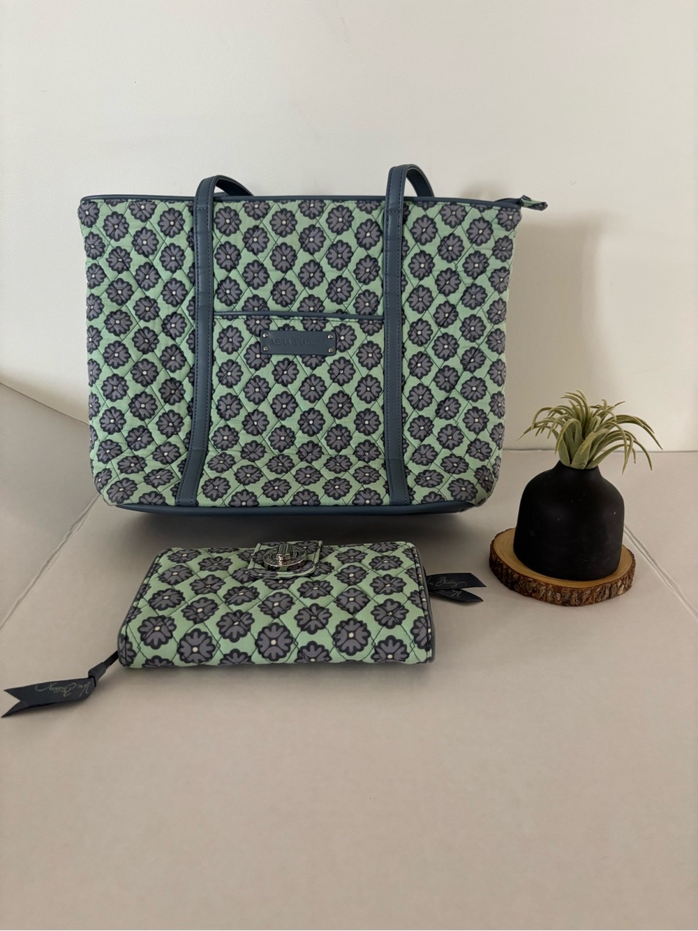 Vera Bradley Mint Green Floral Tote with Navy Trim and Matching Wristlet